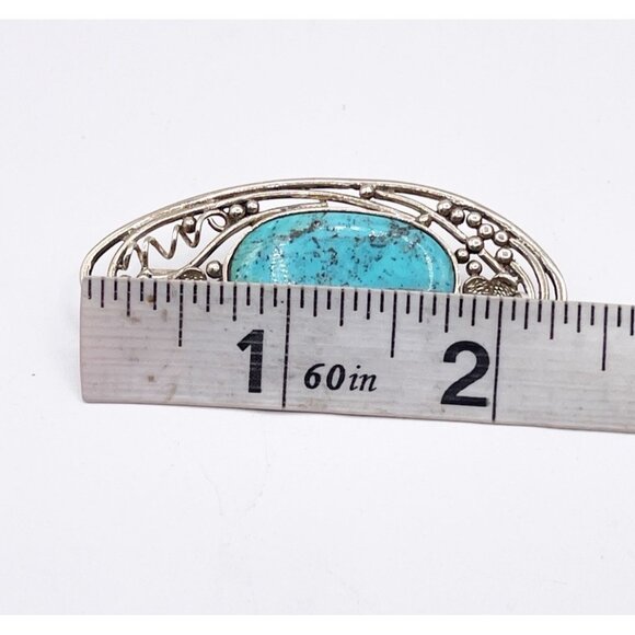 Vintage 925 Sterling Silver Turquoise Brooch Filigree Floral Artisan Signed Alok - Picture 4 of 10